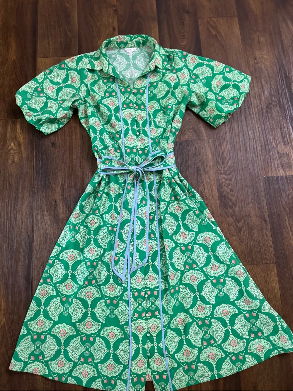 crown & ivy Green Printed Fit-and-Flare Shirt Dress with Pink Accents